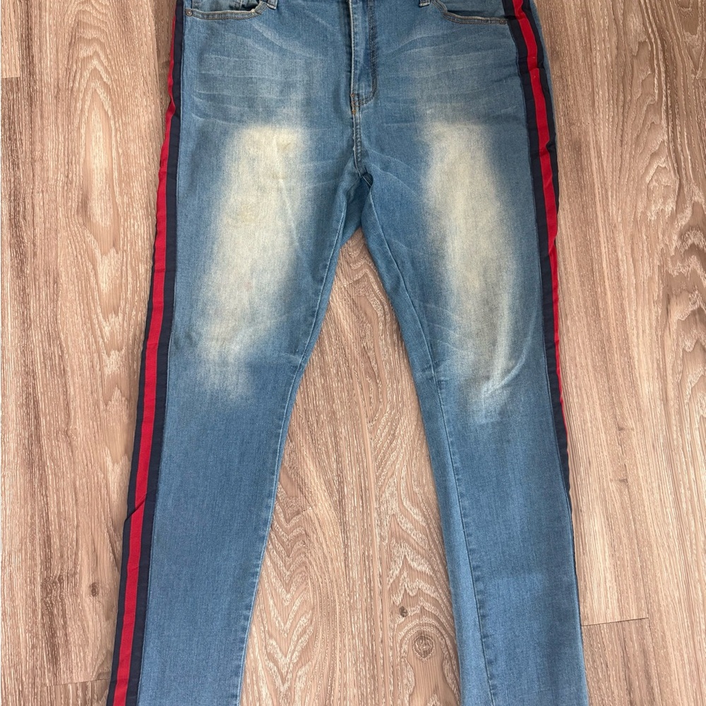 Trendy Skinny Blue Jeans with Red Accents